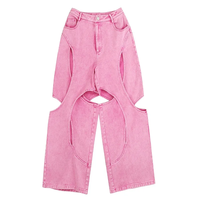 Women Skeleton Perspective Irregular Barbie Pink Denim Long Pants Casual Pants Thin Spring and Autumn Breathable Cool Fashions