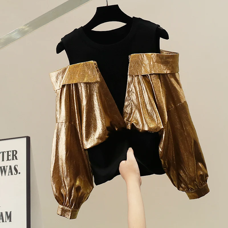 

Chic Splice Color Blo oulder Drop round Ne False Two-Piece Slimming irt Design Sense Faion Top Women Trendy