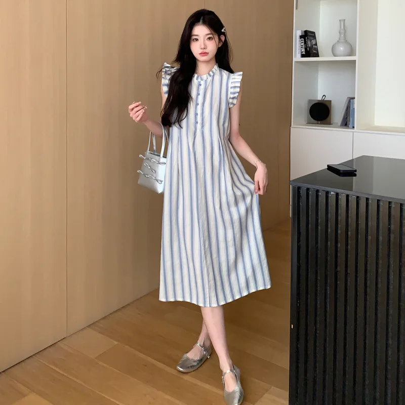 2025 ชุดคลุมท้องลายทาง - ชุดเดรสทรงเอแขนกระพือผ้าลินินระบายอากาศสําหรับหญิงตั้งครรภ์ชุดฤดูร้อนความยาวกลางอินเทรนด์