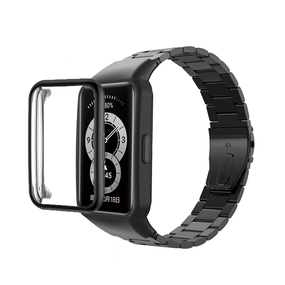 Pulseira de aço inoxidável + capa de relógio para huawei honor 6, pulseira inteligente de substituição de metal para huawei band 6/6 pro