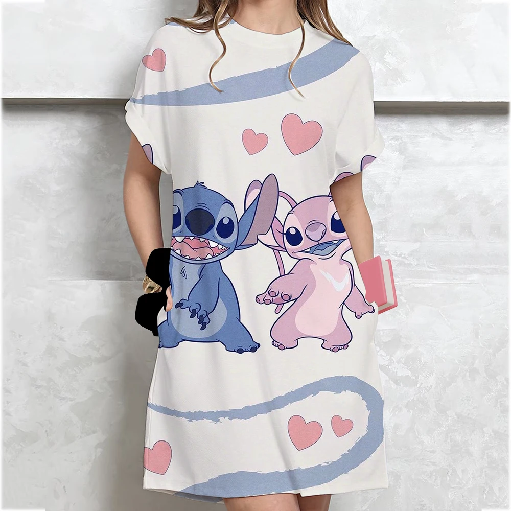 Disney Stitch พิมพ์ชุดผู้หญิงฤดูร้อนการ์ตูนแขนสั้น O-คอเสื้อยืดชุดแฟชั่นกระโปรงนอน Daily Basic Dressing