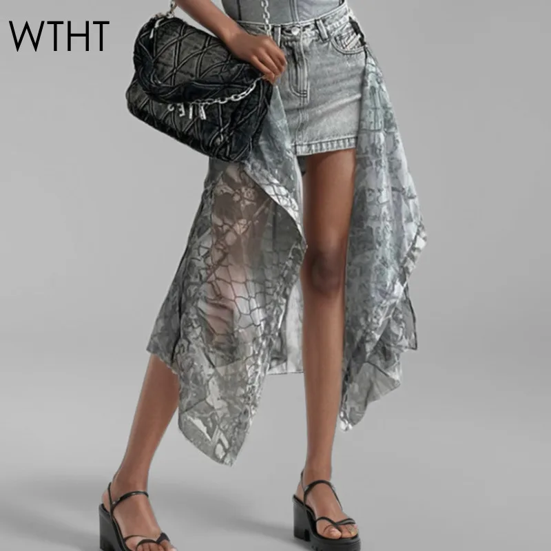 

WTHT 2024 Autumn New Trendy Women's Spliced Print Mesh Design Denim Skirts Fashion High Waist Wrap Hip Mini Skirt Female 1LS132