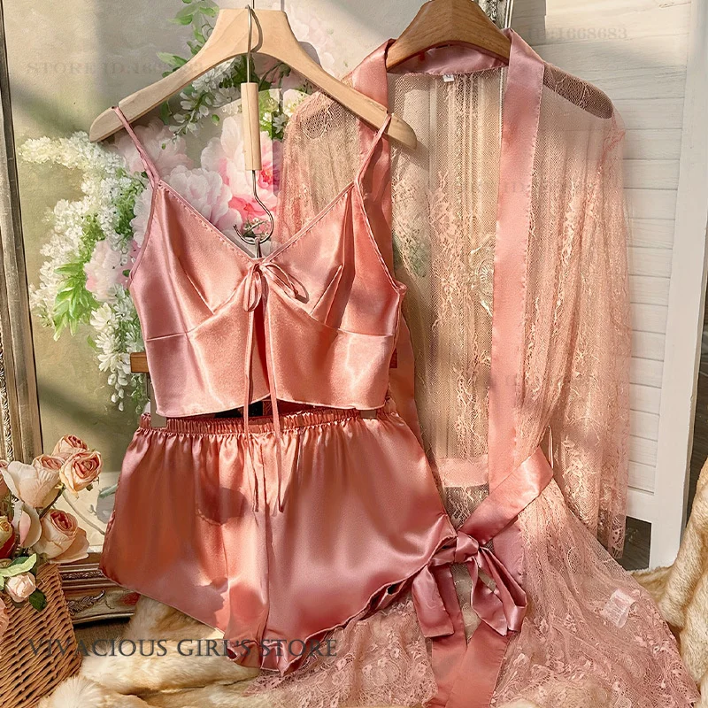 

New Women's Robe Pajamas 3PCS Set Sexy Hollow Out Lace Lingerie Strap Top&Shorts Pijamas Suit Summer Ice Silk Sleepwear Homewear