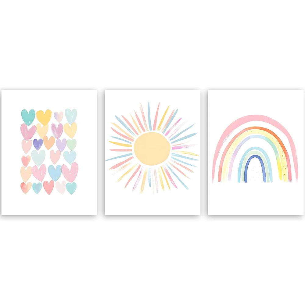 3pcs Rainbow Love Sun No Framed Wall Art Set - Colorful Canvas Prints for Living Room, Bedroom Decor - Modern Cartoon Posters wi
