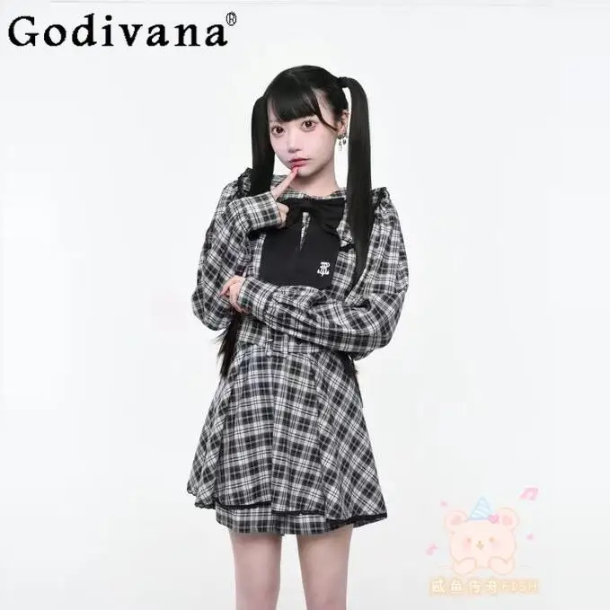 

Japanese Mine Mass- Produced Girl Sweet Bow Embroidered Long-sleeved Plaid Dress Shirt + Shorts Two Piece Sets Womens Outifits