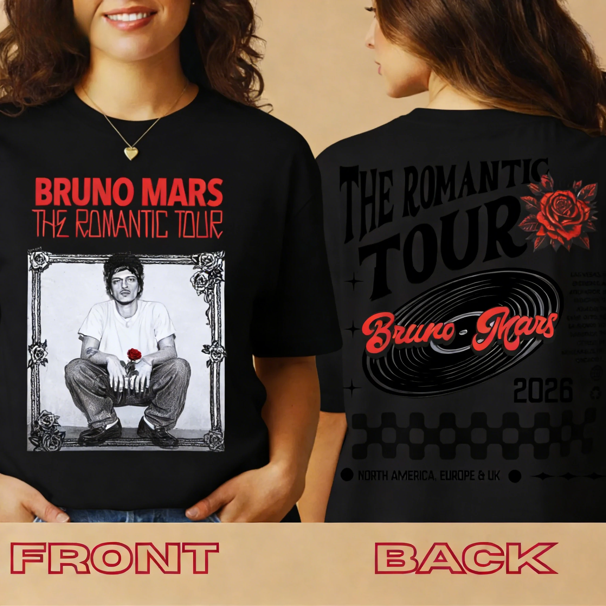 2026 Bruno Mars Romantic Tour T-Shirt Tour Date Back Side Double