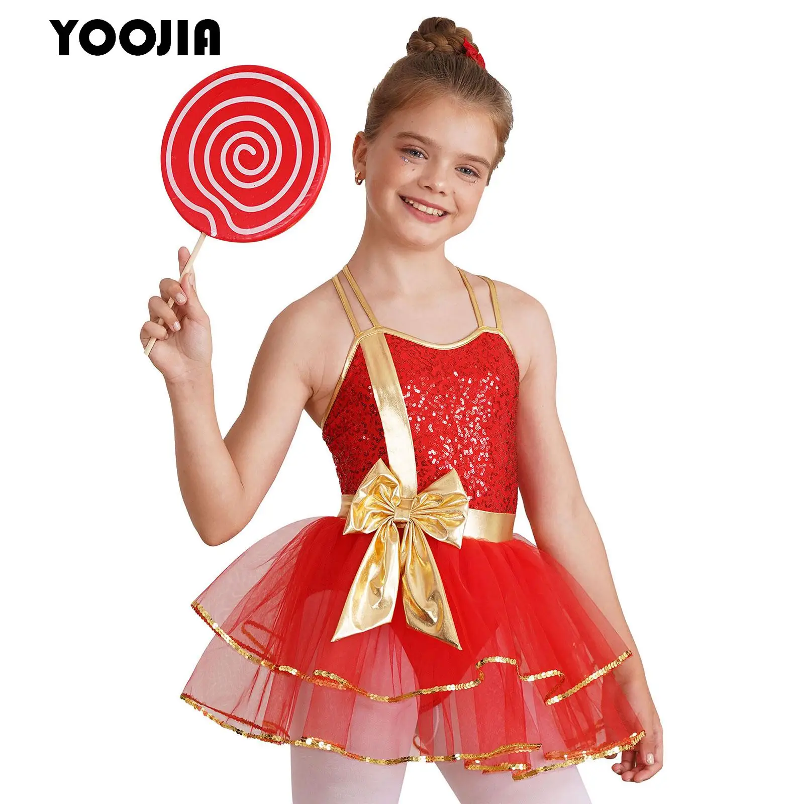 Kids Girls Christmas Ballet Lyrical Dance Costume Red Sequins Big Bow Mesh Tutu Gymnastics Figure Skating Twirling Leotard Dress
