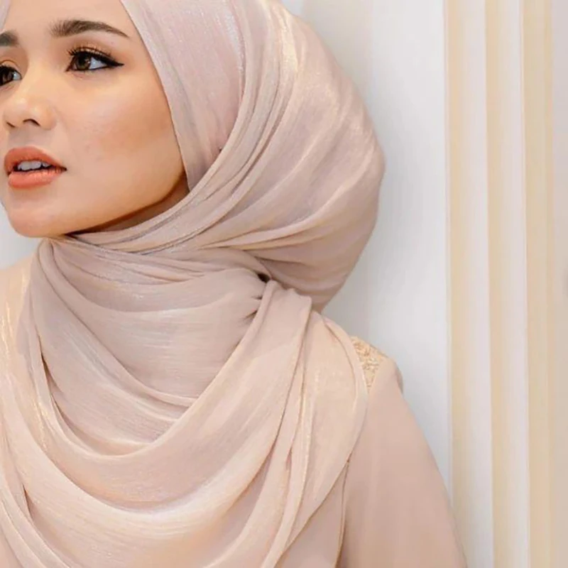 Plain Shimmer Silk Shawl Scarf Soft Satin Crepe Hijab Women Muslim Headscarf Light Weight Malaysia Scarf Wraps 180*70cm