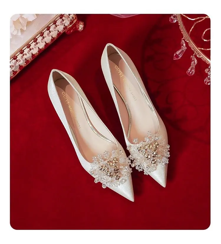 Bride shoes 2024 new beige stiletto heels summer women not tired feet Chinese Wo dress wedding shoes