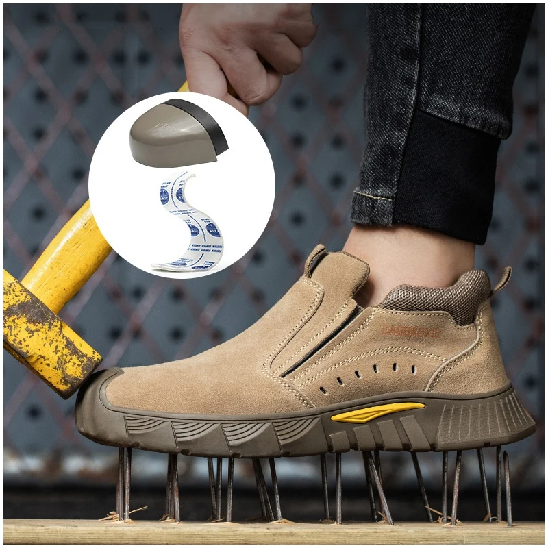 men casual steel toe caps working safety boots cow suede leather welding shoes slip on platform security botas worker footwear