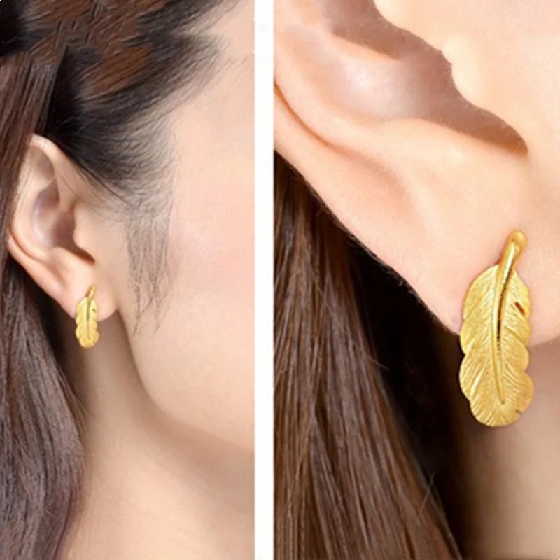 Gold 24k pure gold French niche feather shape earrings for women AU999 real gold high-end leaf earrings elegant