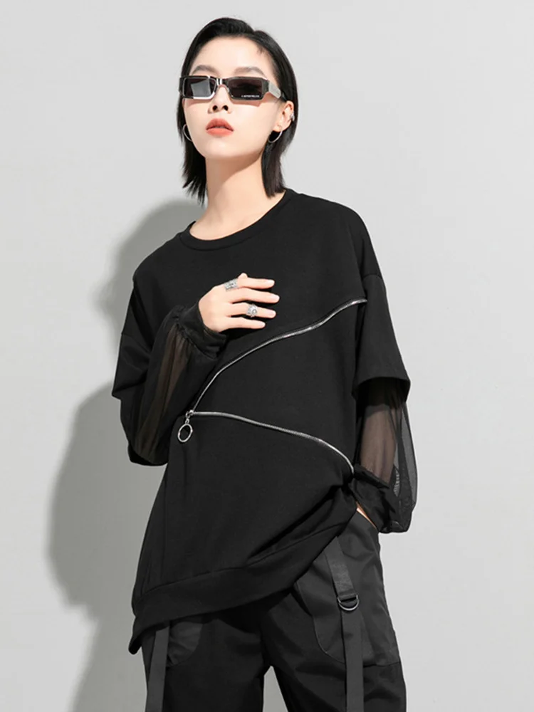 Women Black Zippper Mesh Spliced Big Size T-shirt New Round Neck Long Sleeve Fashion Tide Spring Autumn