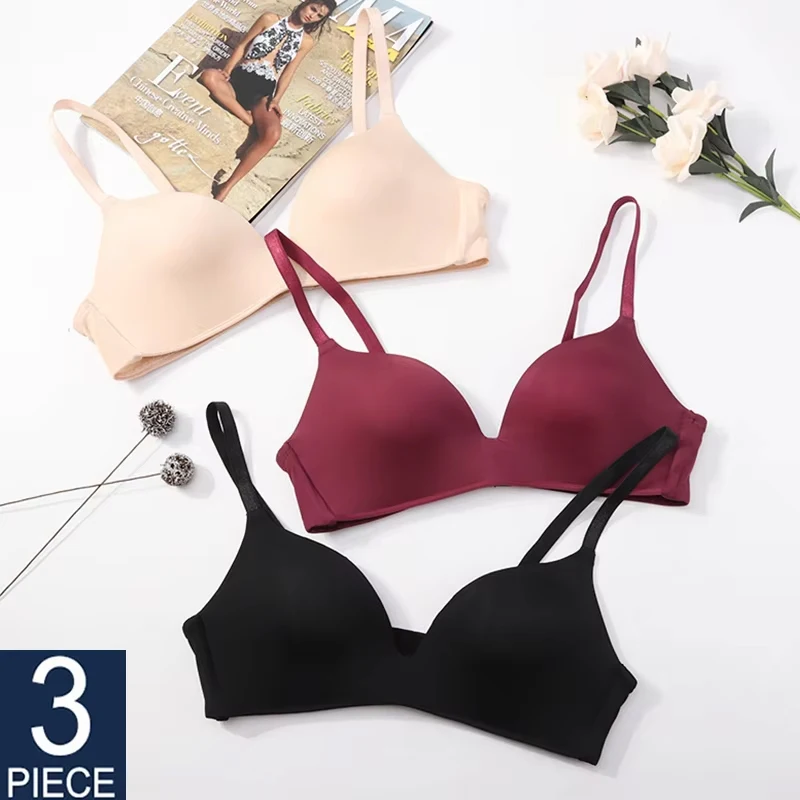 3Pcs/Set Women's Push-up No Wire Gathered Bra Sexy Solid Color High Quality 3/4 Cup Breathable Underwear Female Comfortable Bra