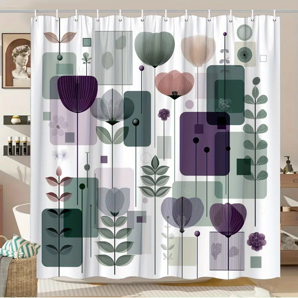 

1 шт. занавеска для душа с абстрактным цветочным рисунком - пастельная листва, минималистичный современный принт, прочная полиэфирная ткань с 12 крючками,