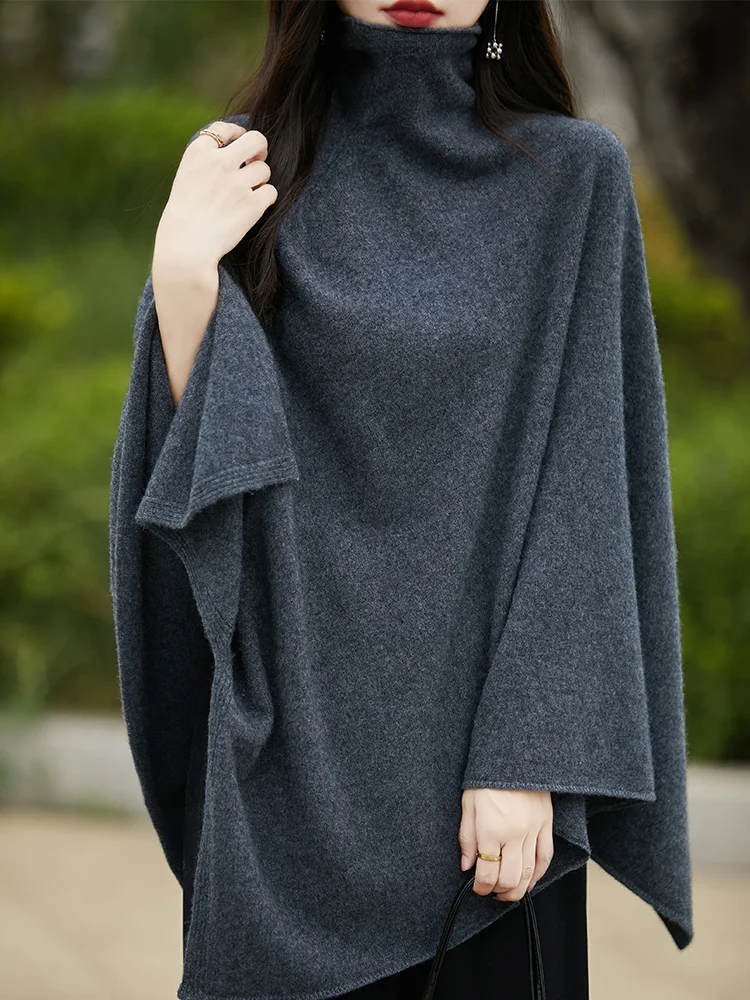 100% Pure Wool Large Size Sweater Women Turtleneck Cape Shawl Korean Fashion Loose Cashmere Knitwear 2024 Winter Female Pullover