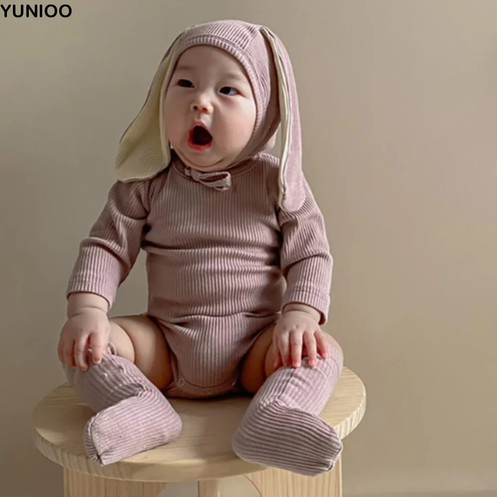 

Cotton Solid Rabbit Romper Sets 3 Pieces Set Solid Color Bunny Costume Ribbed Texture Ear Hat Baby Bodysuit Casual Wear