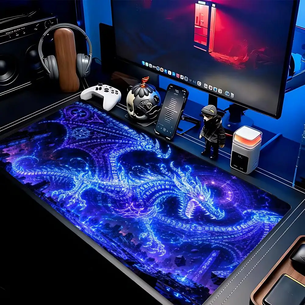XXL Dark Dragon Large Mouse Pad Fantasy Magic Rune Neon Graphic Desk Mat Non-Slip Rubber Gaming Computer Keyboard Mouse Mats
