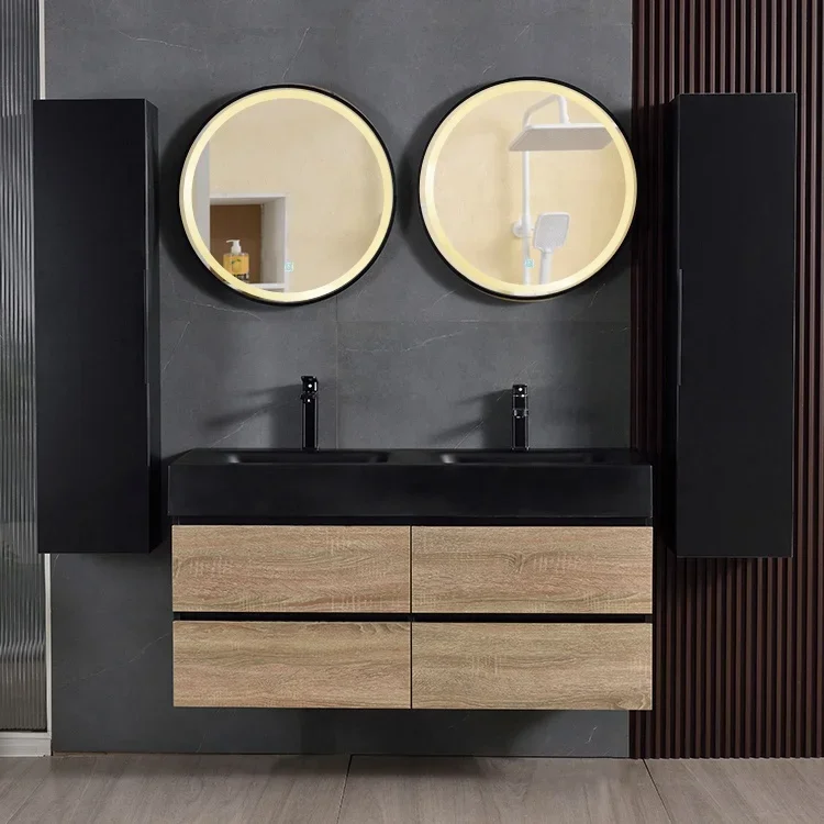 Best Quality Customized Floating Vanity Waterproof Plywood Cabinets Sets With Double Wash Basin and Side Cabinet