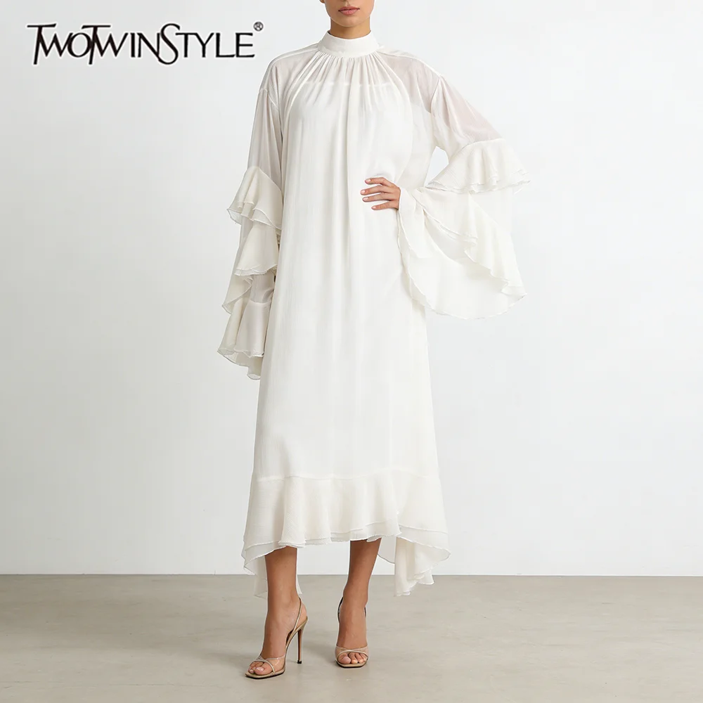 TWOTWINSTYLE Apricot Loose Spliced Ruffles Dresses for Women Turtleneck Long Sleeve French Luxury Dress Female Autumn Fashion