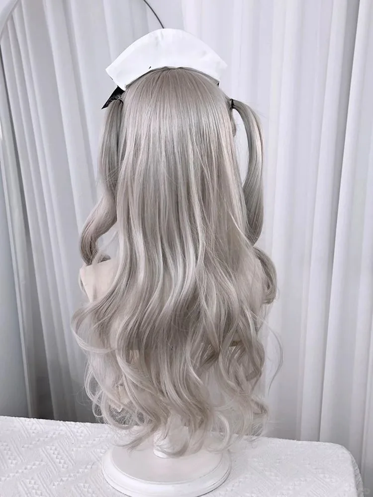 Grijze pruik, lang haar, gesimuleerd hoofd van kunsthaar, anime-spelaccessoires, cosplay, volledig hoofddeksel, krullend haar, fotoshow rekwisieten