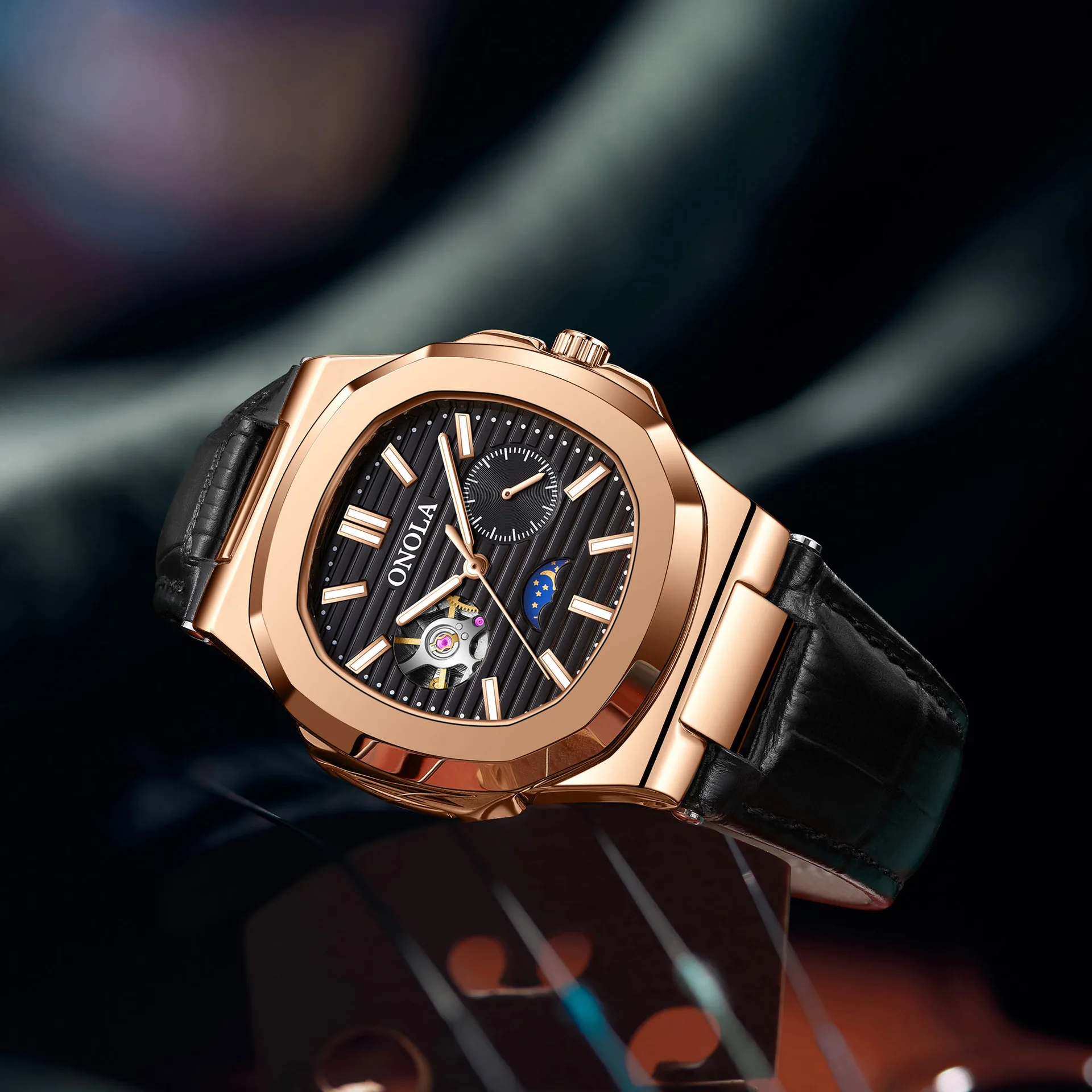 جديد رجال الأعمال ساعة ميكانيكية مجوفة عالية الجودة مقاوم للماء جلدية مضيئة التلقائي بالكامل الهيكل العظمي ساعات رجالية على مدار الساعة