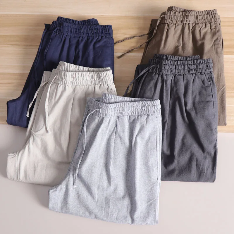 

Мужские повседневные брюки из хлопка и льна со свободной талией в стиле ретро, дышащие прямые длинные брюки