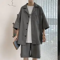 Conjunto de traje para hombre, camisa de solapa, pantalones cortos de cintura elástica, traje de ajuste suelto de Color sólido con bolsillo de parche, diseño de botonadura única