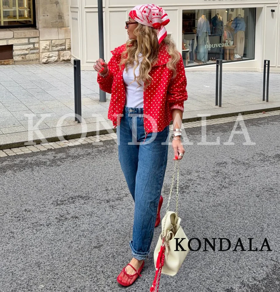 Women Elegant Vibrant Polka Dot Red Jackets KONDALA 2026 Spring Summer Trendy High Street Stand-up Collar Zip-up Loose Jackets