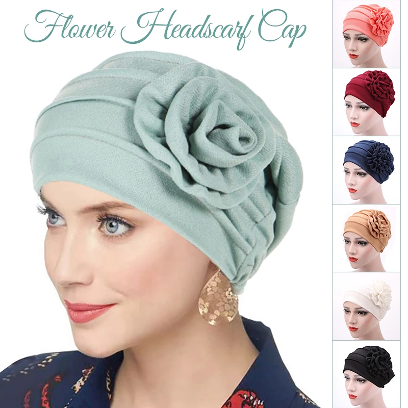 Trendy Crinkle Women's Hijab Solid Color Muslim Ladies Turban Bonnet Flower Decor Ramadan Head Wrap Head Scarf Indian Hats