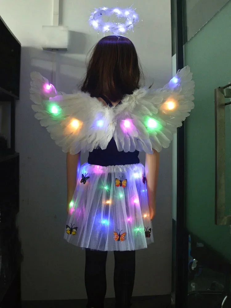 Costume d'Ange Shoe avec Lumière LED, Aile de Plumes, Halo, Anneau, Couronne, Jupe Papillon, Lueur, ixd'Anniversaire, Mariage, Noël, pour Adulte et Enfant