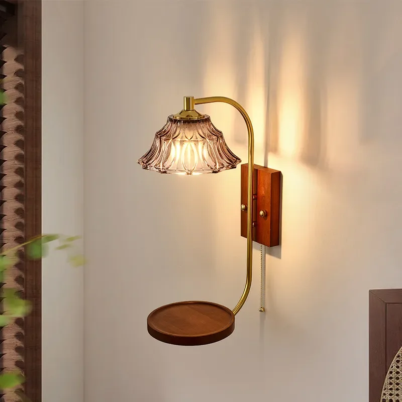 Vintage Walnut Wood Glass Wall Sconce Medieval Style Bedroom Bedside Light Living Room Study Hallway Decorative Indoor