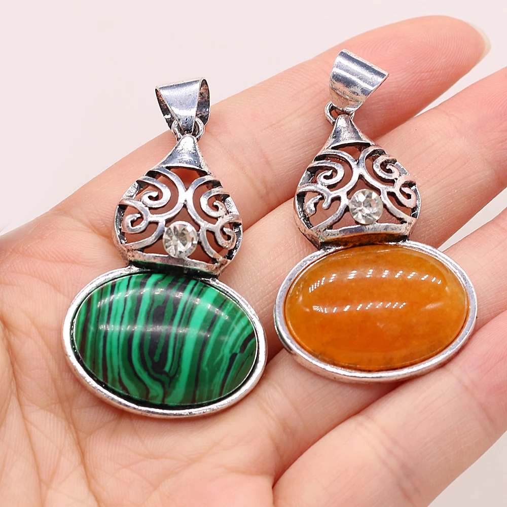 1pc 28x40mm Natural Opal Topaz Amethyst Tiger Eye Stone Pendant Fashion Alloy Gourd Shape Charms for Jewelry Making DIY Necklace