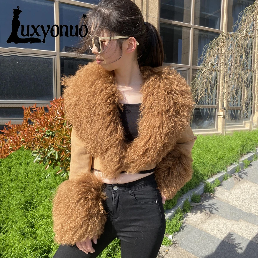 

Luxyonuo Women's Jacket with Real Mongolian Sheep Fur Ladies Fall Winter Fashion Warm Short Jackets Outerwear Female New Arrival