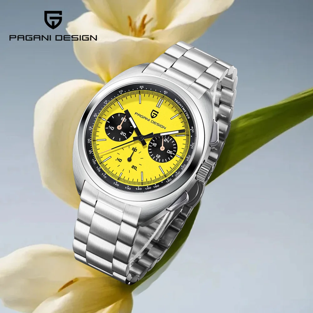 2025 New PAGANI DESIGN Watches Bright Yellow Luxury Quartz Watch For Men Sapphire Glass VK63 Sports Stainless Steel Chronograph