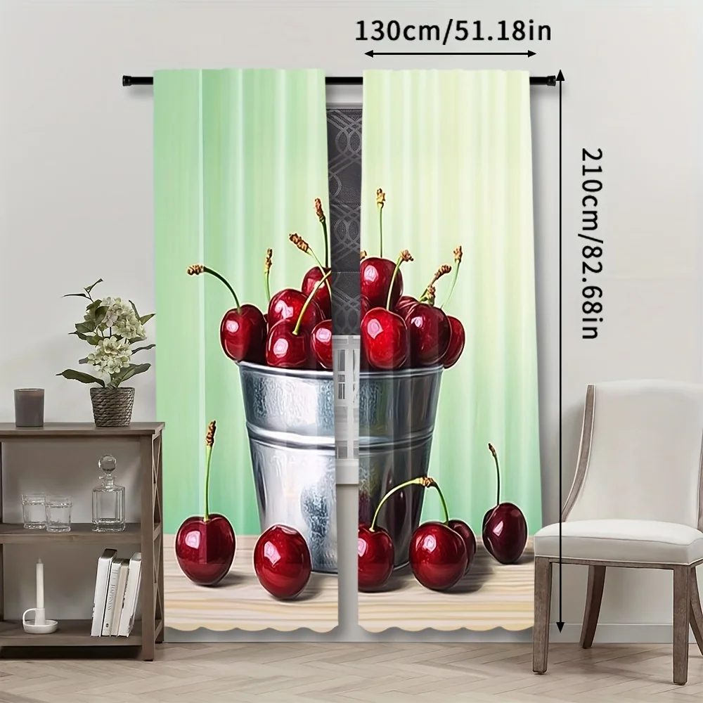 Cute Cherry Bucket Curtain Green Kitchen Decor Pop Art Window Shades Whimsical Fruit Farmhouse Window Treatment Modern Cottage