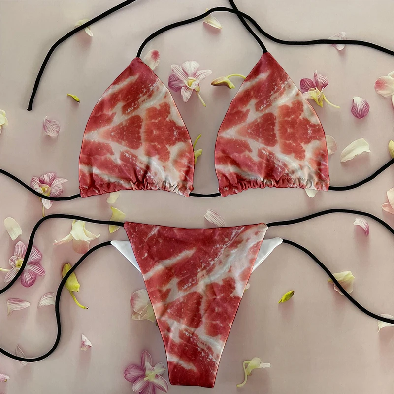 Conjunto de bikini con estampado de vientre de cerdo, traje de baño con escote en V profundo, estampado divertido, personalidad, ropa de playa,