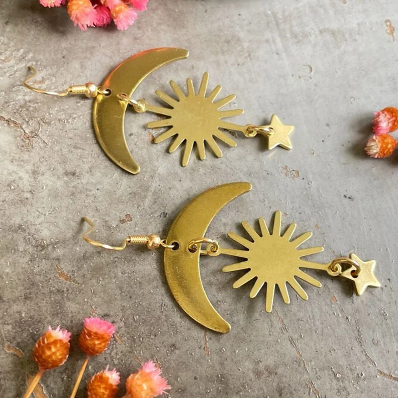 أقراط نحاسية على شكل الشمس والقمر والنجوم الذهبية، هدية على شكل أجسام فلكية، مجوهرات عصرية بأسلوب بوهيمي، مشابك أذن من النحاس... #4