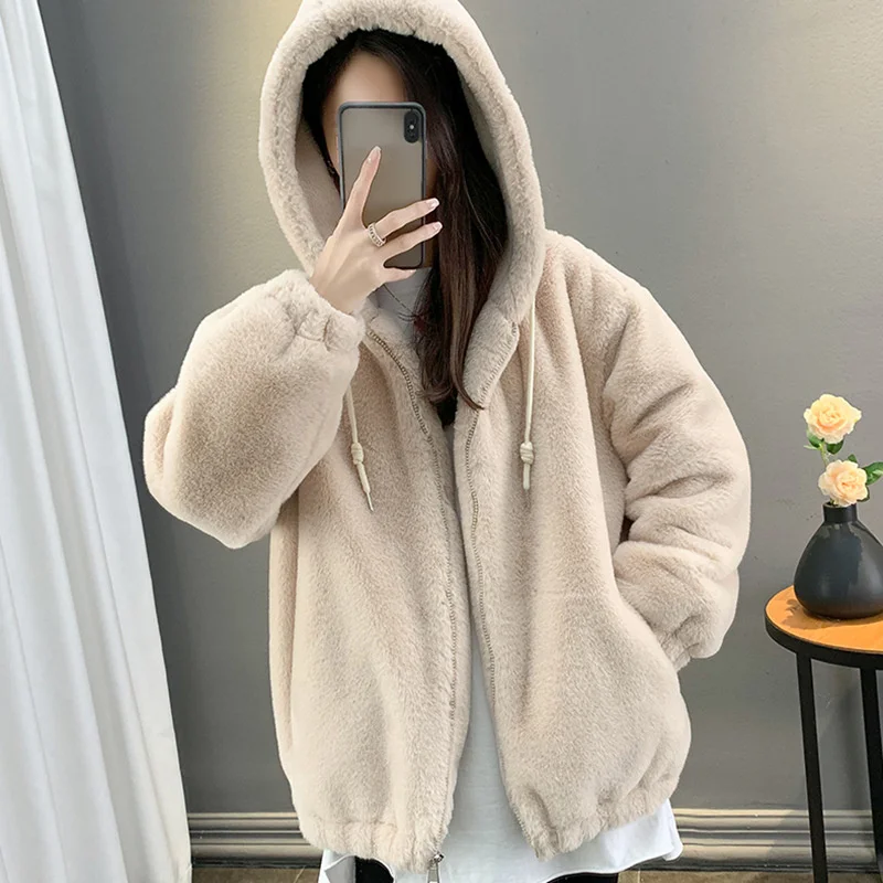 Fashion Winter Women's Imitation Rabbit Hair Fur Coat Short Faux Fur Overcoat Thicken Warm Top Large-size Loose Hooded Outerwear