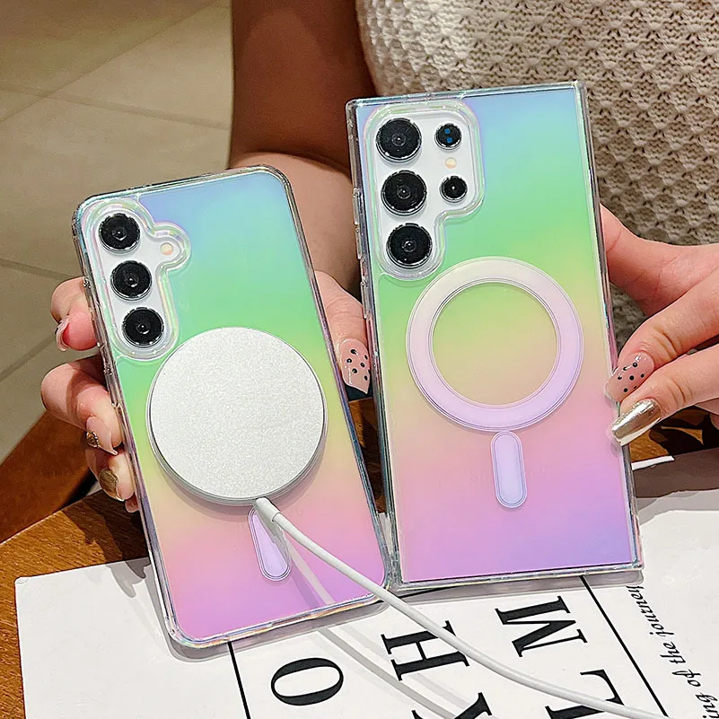 Rainbow Aurora Magnetic Phone Case For Samsung Galaxy S21 S22 S23 S24 Plus Ultra 5G FE Clear Acrylic Wireless Charge Cover