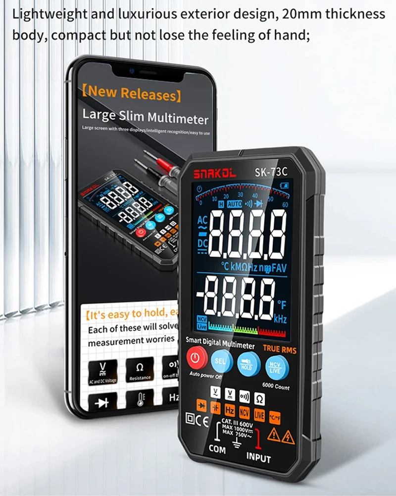 SNAKOL SK-73A Mini Digital Multimeter Smart Electrician Tester with NCV True RMS for AC DC Voltage Resistance Capacitance