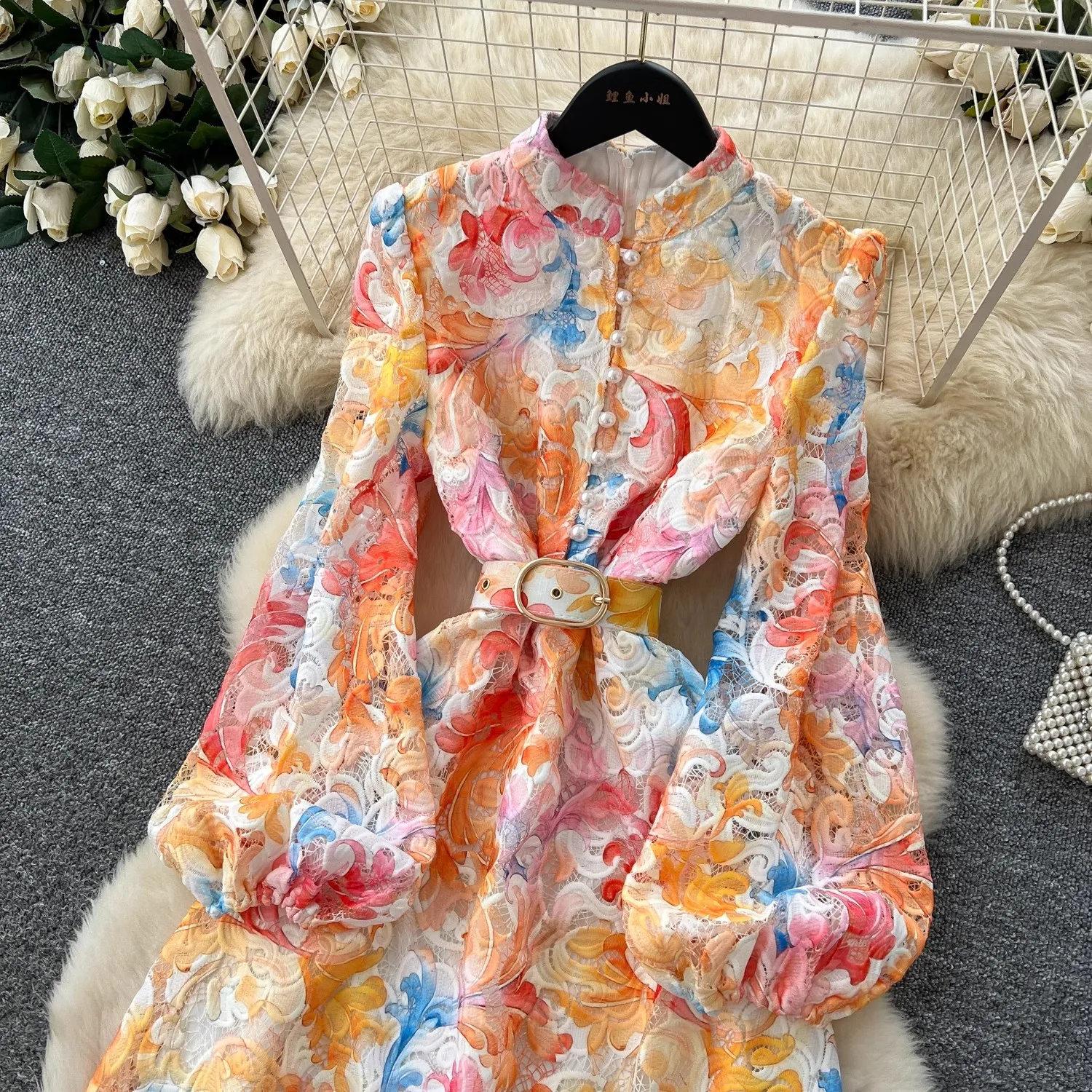 Häkeln Spitze Stickerei Aushöhlen Floral Print Maxi Kleid Herbst Frauen Lange Laterne Hülse Perle Knöpfe Up Gürtel Prom Kleidung