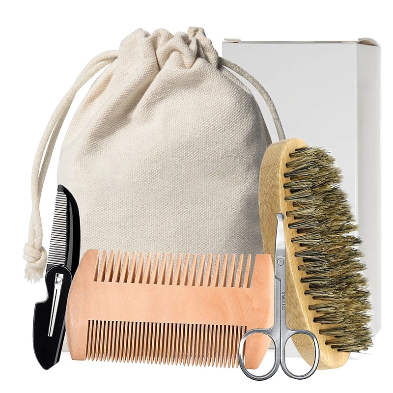 Varkenshaar Houten Baard Borstel Kits Met Gift Bag Professionele Zachte Kapper Scheerkwast Kam Set Mannen Snor Kammen