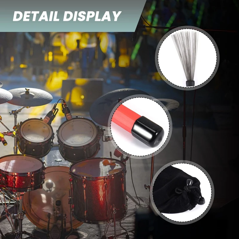1 Pair Drum Brushes Retractable Wire Brushes Drums Drum Sticks Brush + 1 Pair Rods Drum Brushes Sticks Drum Stick Set-A23R