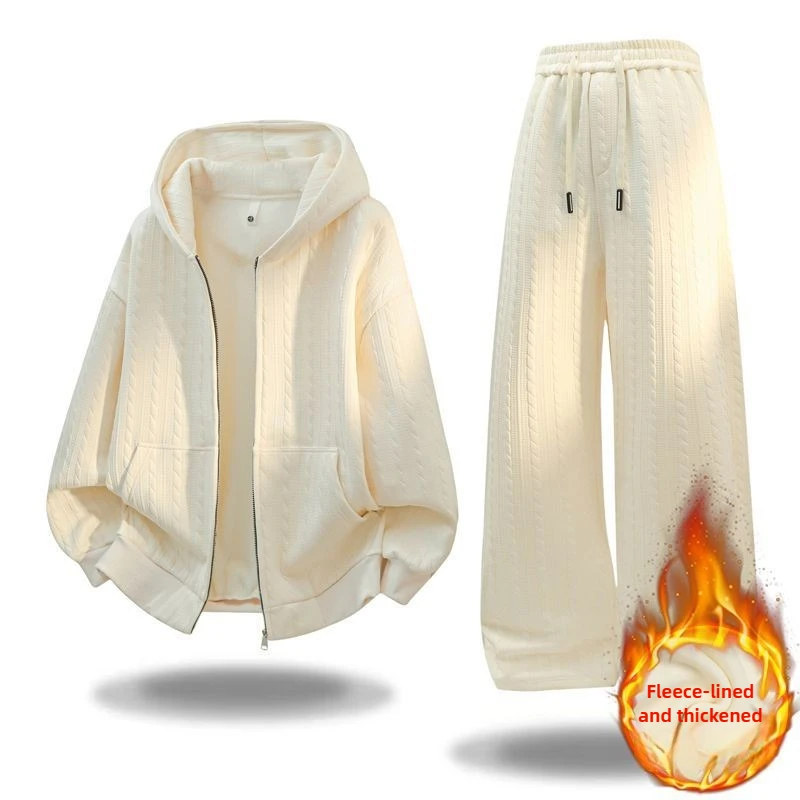 

Mens Tracksuit Harajuku Autumn Winter Fleece Hooded Textured Sweatshirt Set Loose Casual Zip Up Two Piece Outfit Youth Sport New