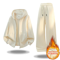 Mens Tracksuit Harajuku Autumn Winter Fleece Hooded Textured Sweatshirt Set Loose Casual Zip Up Two Piece Outfit Youth Sport New