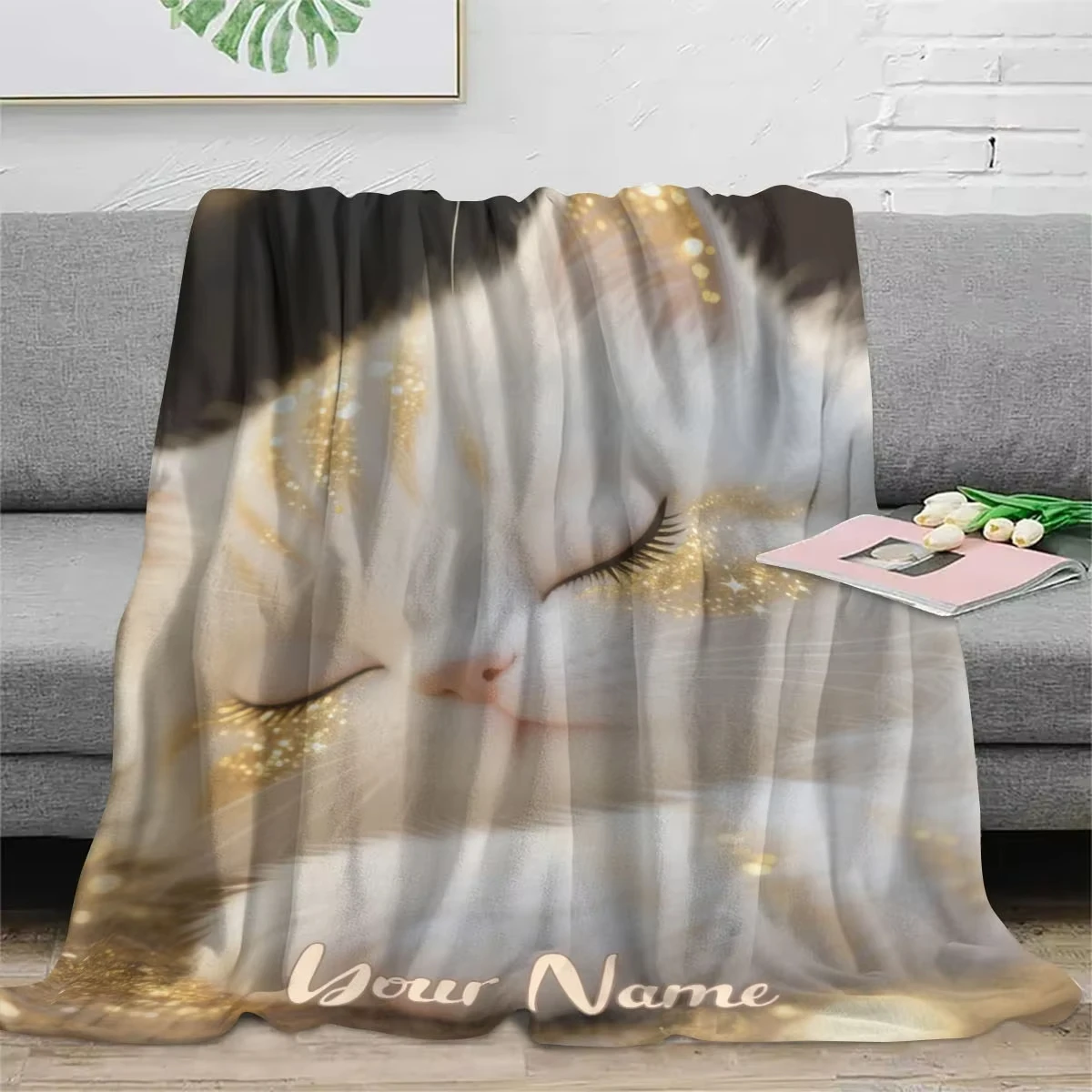 맞춤 이름이 새겨진 몽환적인 고양이 패턴 담요, 황금빛 - Home Textiles Images 리뷰 및 가격