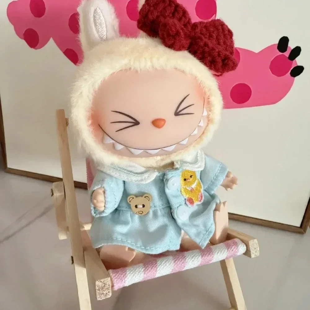 Doll Chair Outfit Accessories for Ropa Labubu 10cm Cotton Doll Summer Vacation Wooden Beach Reclining Camping Chair Ornament image 4