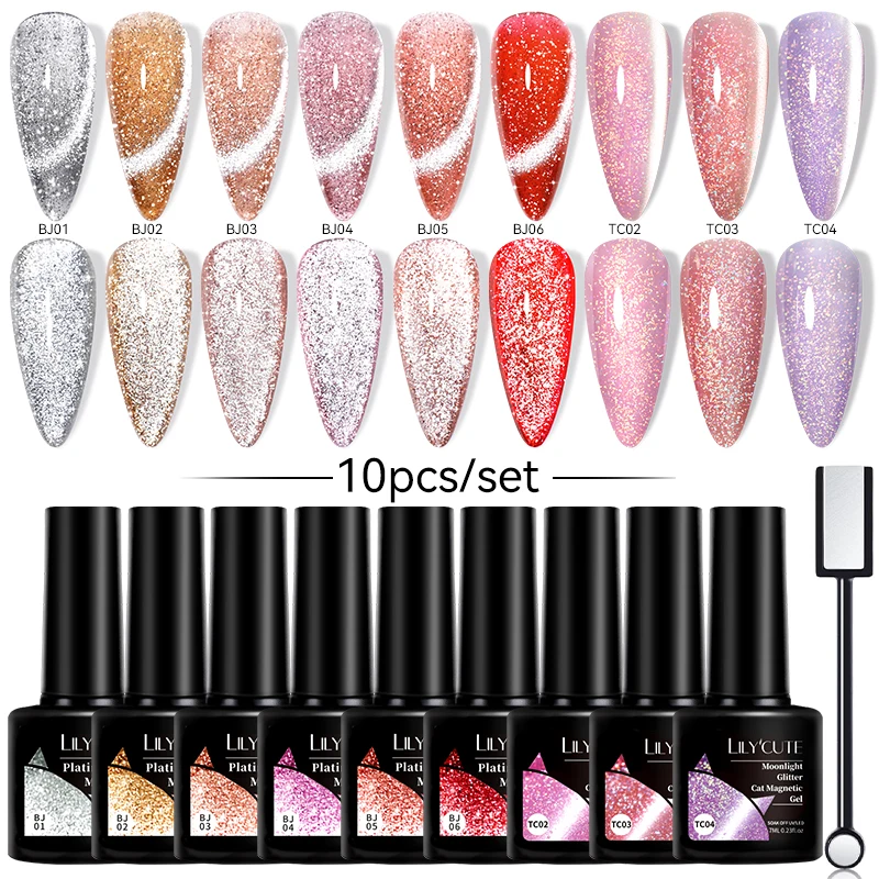 LILYCUTE 10 PZ/SET Glitter Cat Kit Smalto Gel Magnetico Laser Moonlight Gel Vernice Semi Permanente Gel UV Nail Art Base Top