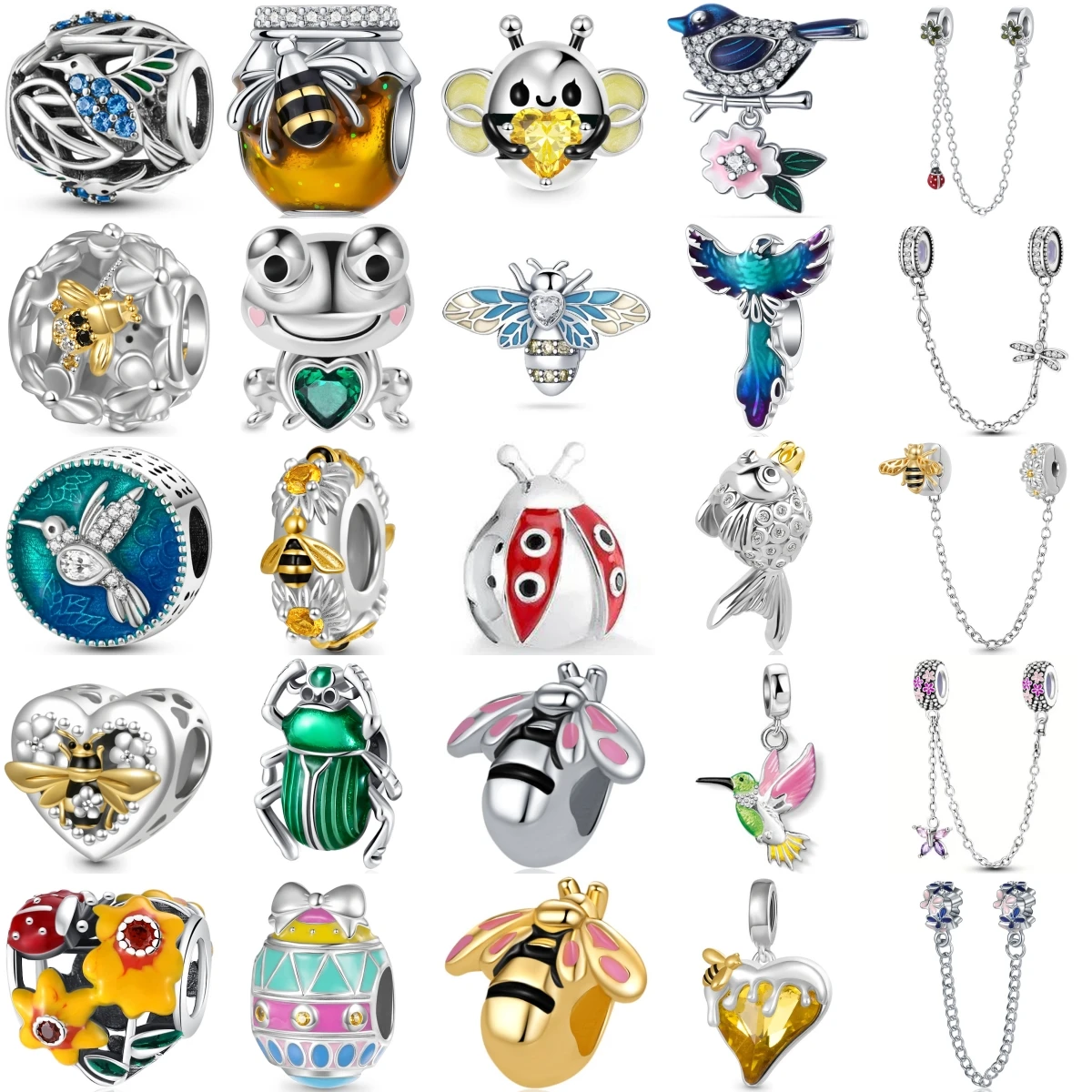 S925 Silver Insect Animal Charms Bee Ladybug Frog Bird Hummingbird Scarab Beads Fit Bracelet DIY Women Jewelry Gift