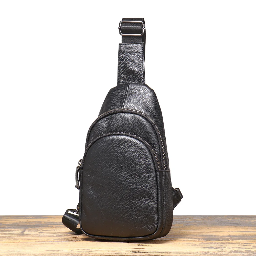 

New leather men's first layer cowhide single shoulder small backpack lychee pattern versatile chest oblique span large capacity